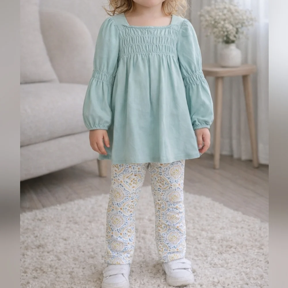 NWT Burt's Bees Girls Light Aqua Organic Cotton Long Sleeve Legging Set. Size 2